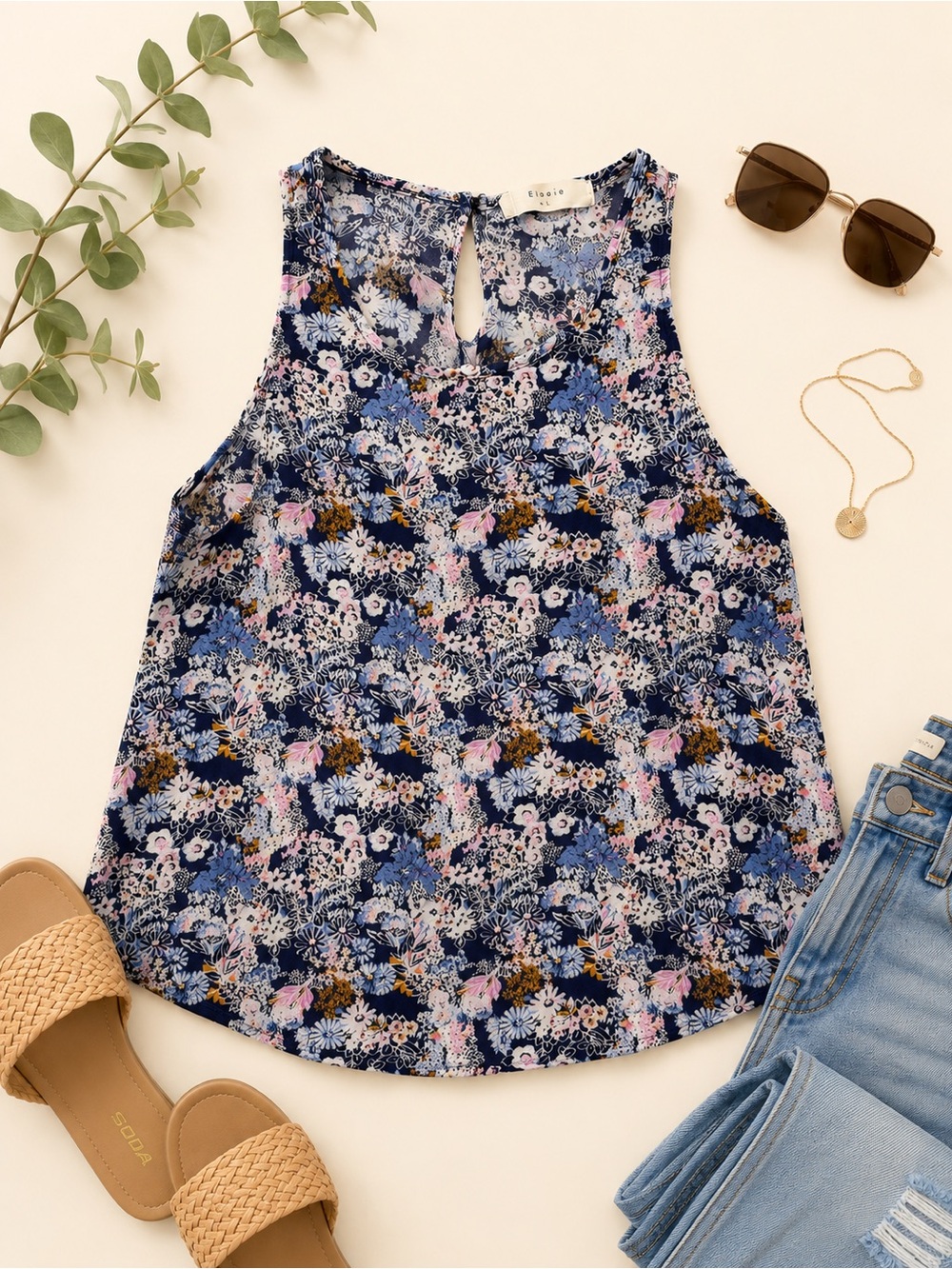 Elodie Floral High Neck Tank Top Navy Blue Rayon Sleeveless Blouse Size Large